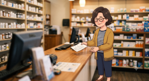 영양제 여러 개 먹을 때 점검 순서, 중복 성분과 상한섭취량 합산 3 약국 창구에서 손으로 적은 목록을 내밀고 있는 여성