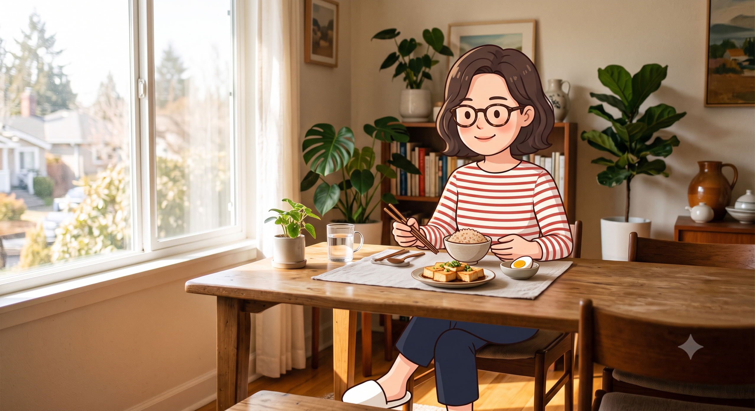 아침 밥상에서 밥과 두부, 달걀을 앞에 두고 젓가락을 든 여성