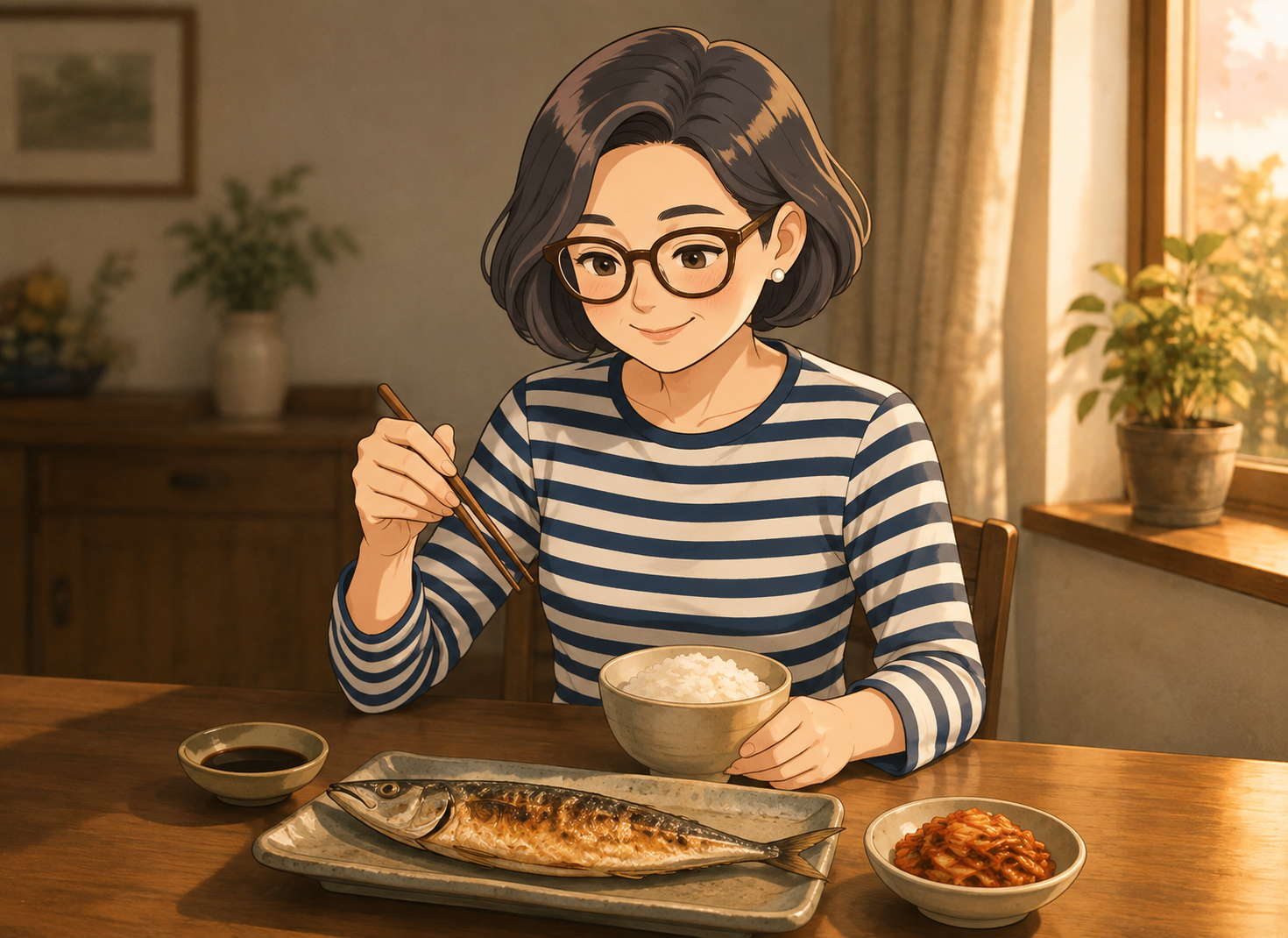 구운 생선과 밥이 놓인 저녁 밥상 앞에서 젓가락을 든 여성