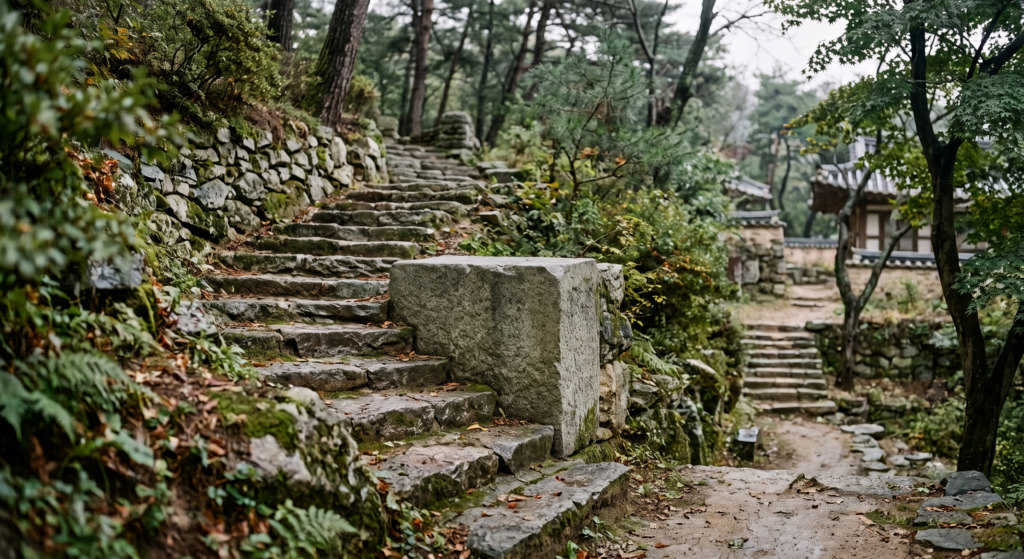 옆에서 본 완만한 돌계단, 한 단만 유독 높게 쌓여 있는 모습