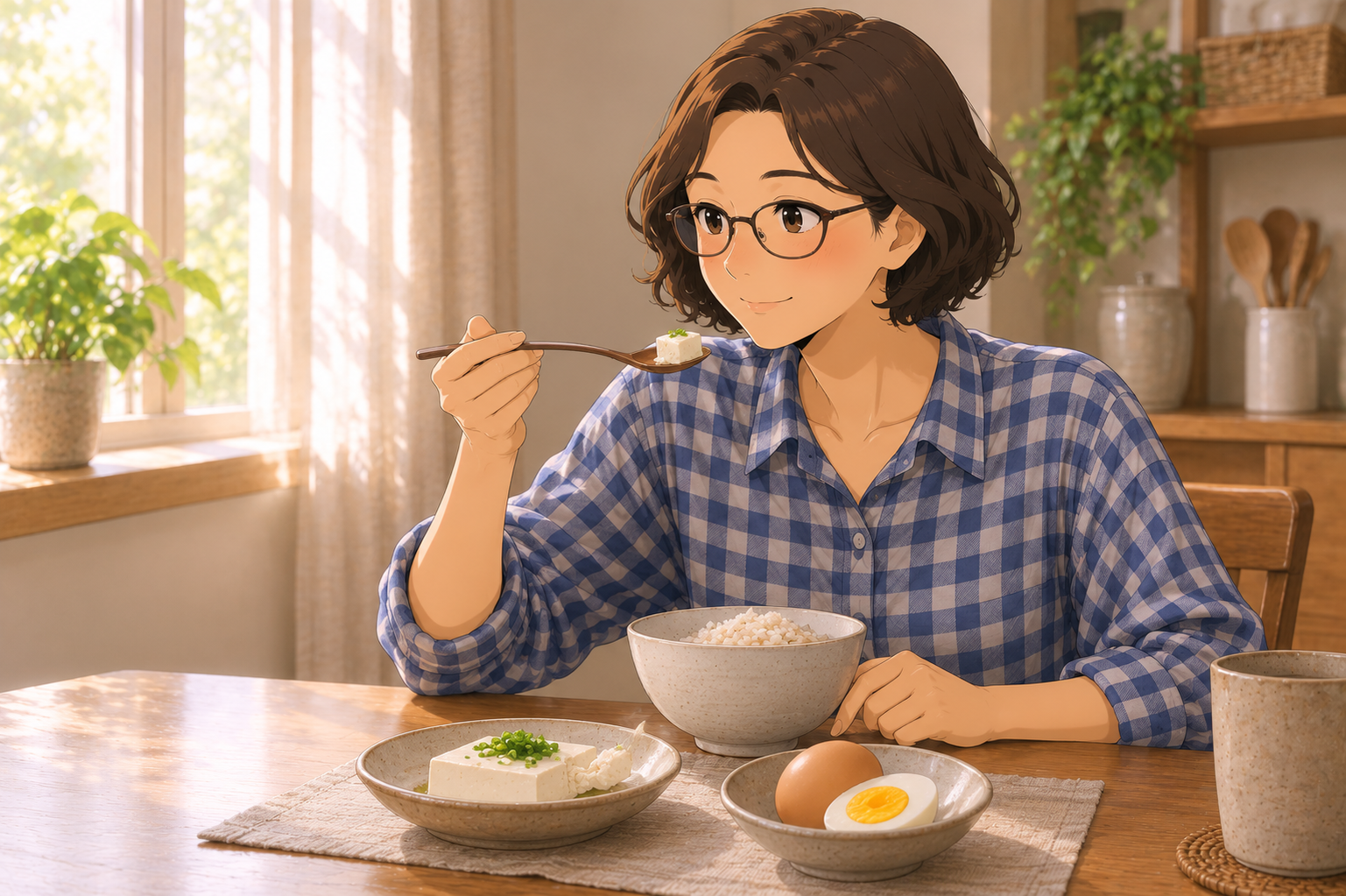 아침 밥상에서 밥과 달걀, 두부를 앞에 두고 젓가락을 든 여성