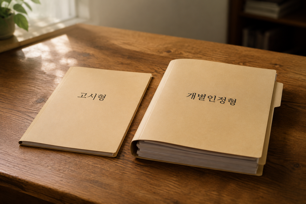 나무 책상에 나란히 놓인 두께가 다른 두 개의 서류 폴더